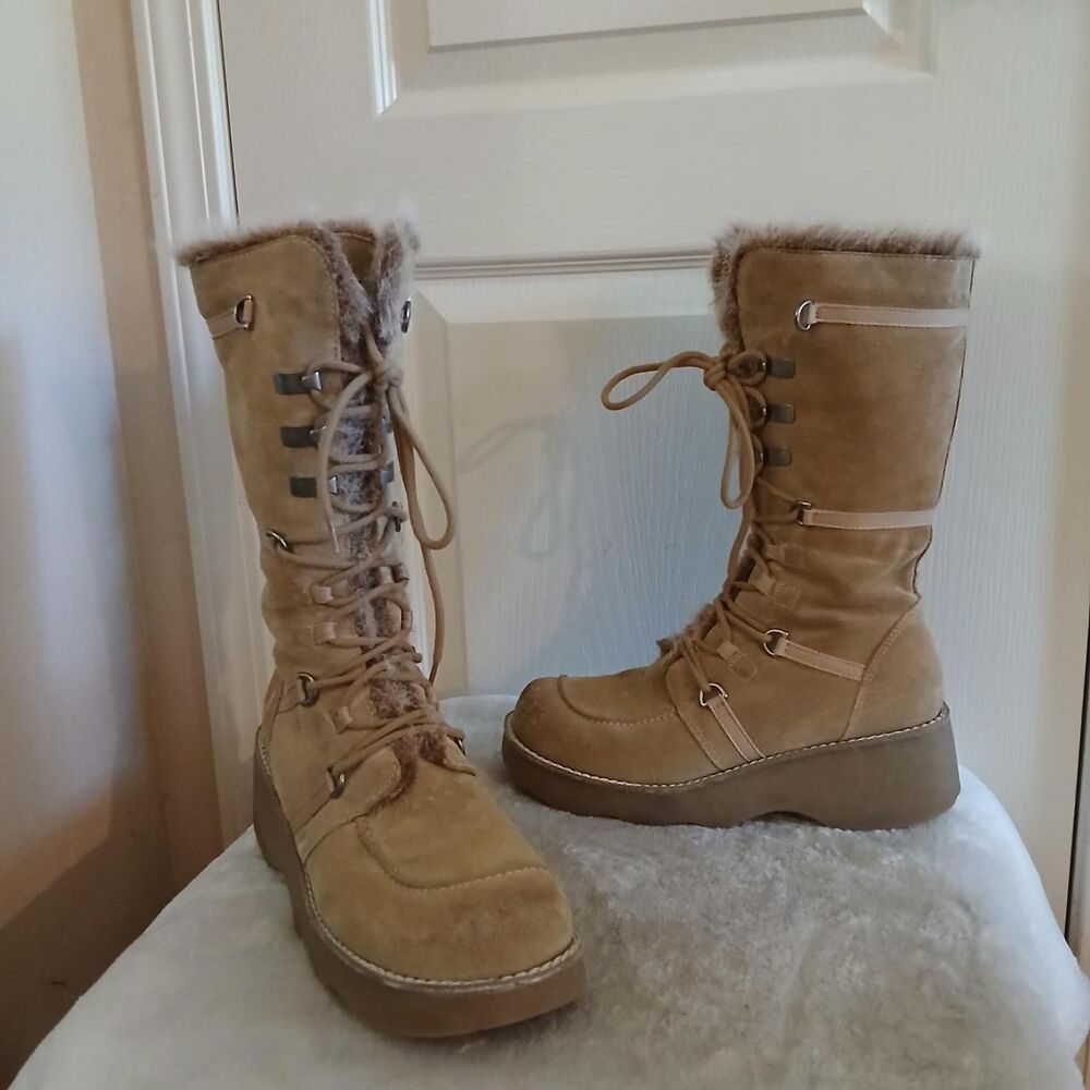 Y2K Vintage Bakers Tan Suede Fur Lace Up Knee High Wedge Platform Boots Mcbling